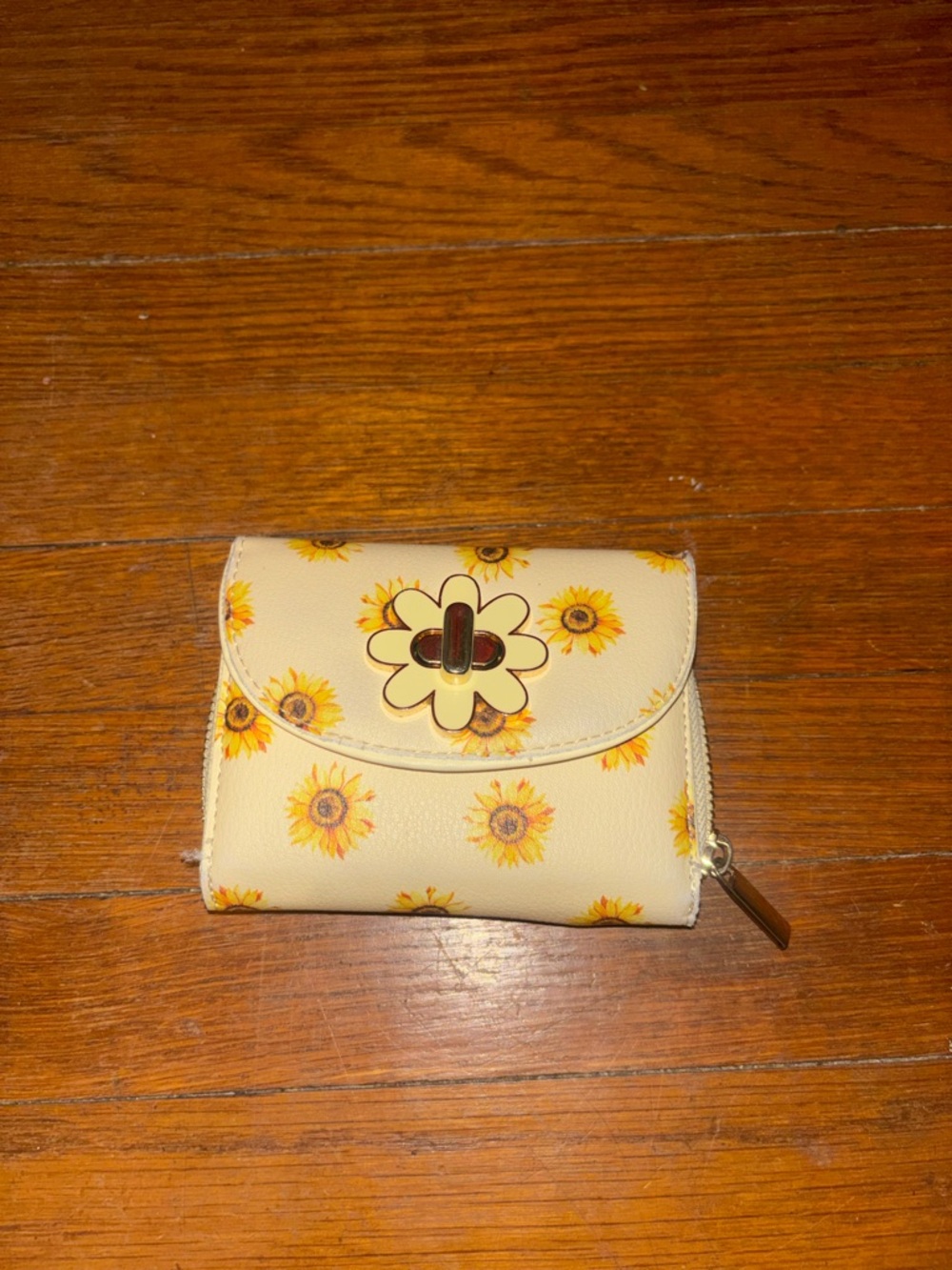 Cream Sunflower-Print Compact Wallet with Floral Turn-Lock